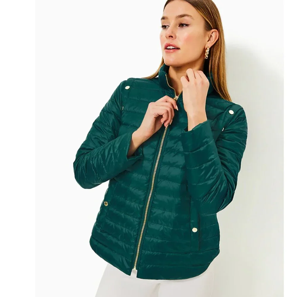 NEW Lilly Pulitzer Tenna Convertible Down Puffer Jacket Vest Villa Green